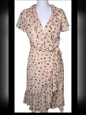 Betsey Johnson Wrap Dress Ladybug 8 Pink Floral Insect Print Ruffle Cottagecore